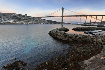Tjeldsundbrua-bridge spanning Tjeldsundet-strait between Hinnoya-island and mainland. Skanland-Troms county-Norway. 0003