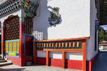 Tibetan bells in front of Tibetan Buddhism Temple entrance in Sikkim, India.