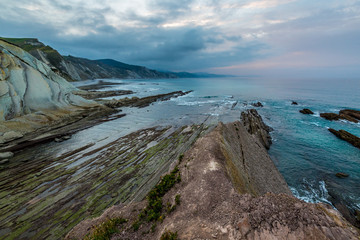 Zumaia flysch coast at sunset