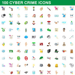 100 cyber crime icons set, cartoon style