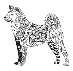 Akita dog zentangle stylized, vector, illustration, freehand pencil, pattern. Zen art. Black and white illustration on white background. Adult anti-stress coloring book.