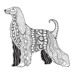 Afghan hound dog zentangle stylized, vector, illustration, freehand pencil, pattern. Zen art. Black and white illustration on white background. Adult anti-stress coloring book.