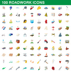 100 roadwork icons set, cartoon style