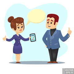 Vector cartoon Illustration of businessman and businesswoman discussing business strategy conversation between coworkers teamwork concept