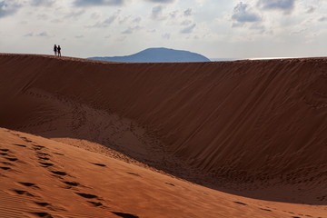 Fototapeta na wymiar Силуэты людей в пустыне на горизонте.