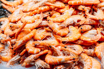 Fresh Fishes And Seafood On Ice In Fish Market