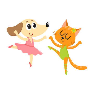 Cute little dog and cat, puppy and kitten characters dancing ballet together, cartoon vector illustration isolated on white background. Little puppy and kitten, cat and dog ballet dancers, ballerinas