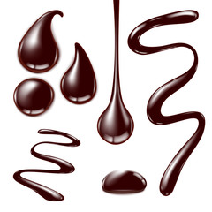 Set of realistic melted chocolate leaking drops isolated illustration