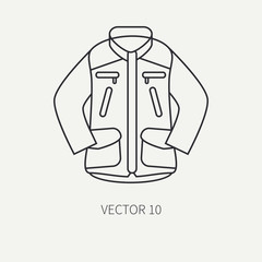 Line flat vector hunt and camping icon khaki jacket. Hunter equipment, armament. Retro cartoon style. Wildlife travel. Camouflage. Forest. Nature. Illustration and element for your design, wallpaper.