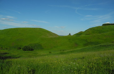 Fototapeta premium hollow between the hills covered with green grass in Sunny day