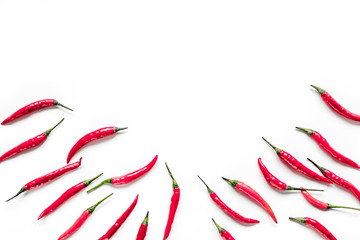 hot food with red chili pepper white table background top view mock-up