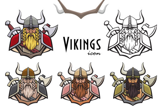 Colorful viking icon. Warrior in helmet and armor. Vector illustration