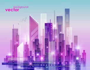 Printed roller blinds purple Night city skyline, vector illustration