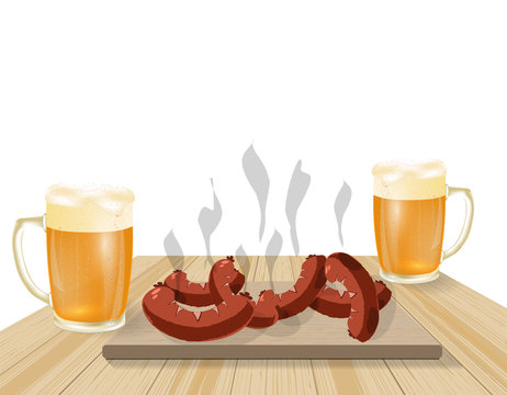 Festival of beer. Light beer in mugs. Fried dishes, sausages, hot dogs on wooden boards. illustration