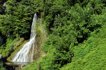 Fototapeta na wymiar Vallategna waterfall in the italian alps surrounded by vegetation