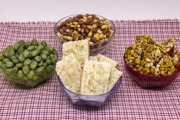 Several typical Brazilian sweets from Junina. Peanut butter, coconut and roasted peanuts.