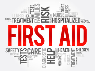 First aid word cloud collage, health concept background