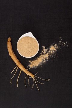 Ginseng root with powder, top view