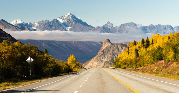 Road Leads Down Fall Season Open Road Alaska