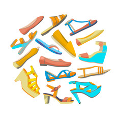 vector round isolated shoes composition with high heels and flat shoes