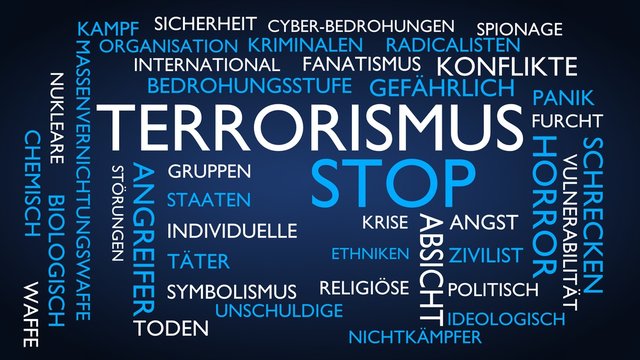 Terrorism, stop word tag cloud. 3D rendering, blue German variant.
