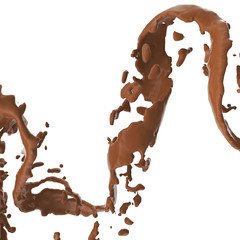 Chocolate spiral jet, brown splash, liquid wave, splashing loops, curvy line, isolated on white background, 3d rendering