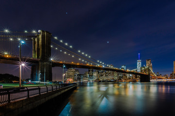 Dusk at Brooklyn Bridge and Lower Manhattan Skyline, New York United States