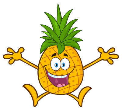 Happy Pineapple Fruit With Green Leafs Cartoon Mascot Character With Open Arms Jumping. Illustration Isolated On White Background
