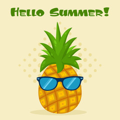 Pineapple Fruit With Green Leafs And Sunglasses Flat Simple Design. Illustration With Background And Text Hello Summer