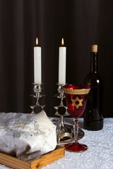 Shabbat Shalom - wine, challah and candles
