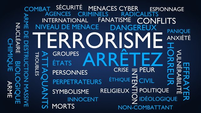 Terrorism, stop word tag cloud. 3D rendering, blue French variant.