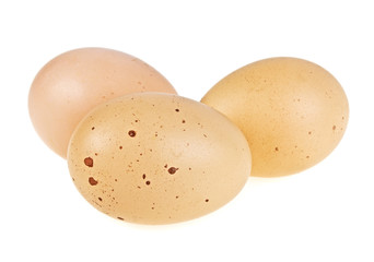 Three chicken eggs isolated on white background