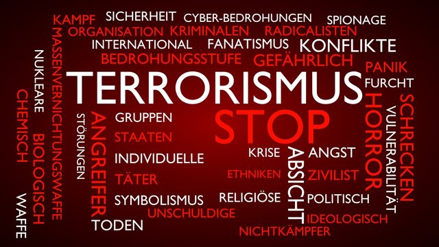 Terrorism, stop word tag cloud. 3D rendering, red German variant.