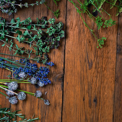 bunch of garden fresh herbs on wooden board from above