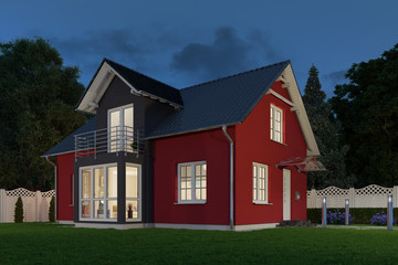 Ein rot-schwarzes Einfamilienhaus in blühender Natur, am Abend (Nachts)