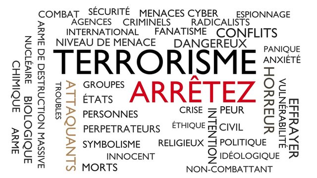 Terrorism, stop word tag cloud. 3D rendering, white French variant.