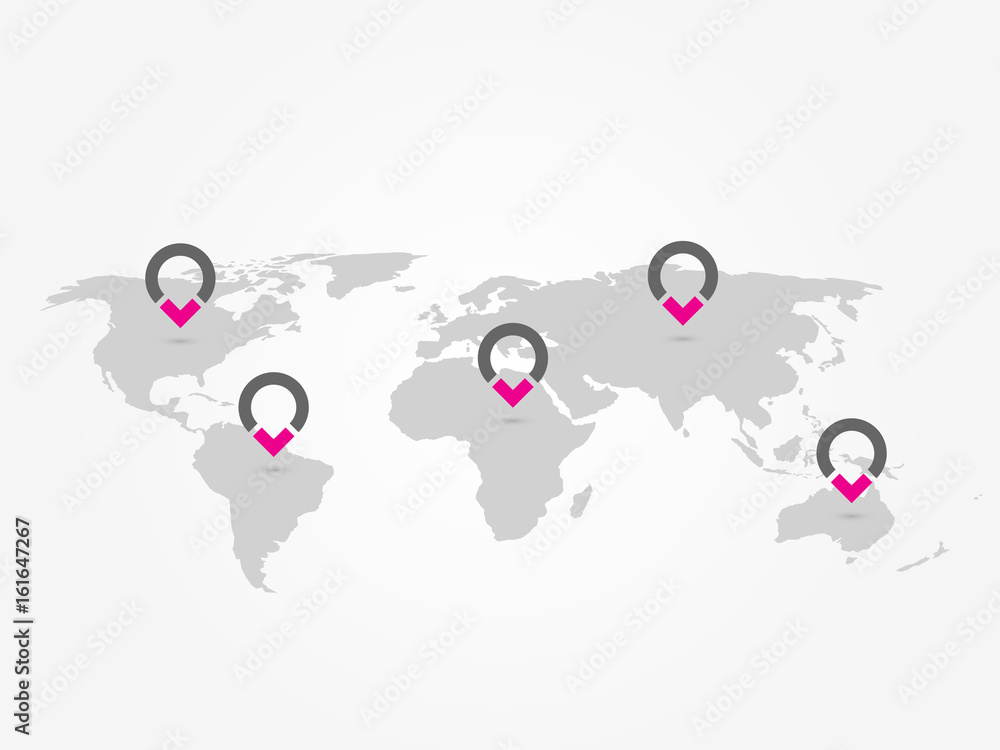 Aufkleber map of world with navigation pointers. grey map infographics with ring pins. vector illustration.