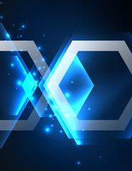 Techno glowing glass hexagons vector background