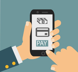 mobile payment credit card, hand holding phone, flat design