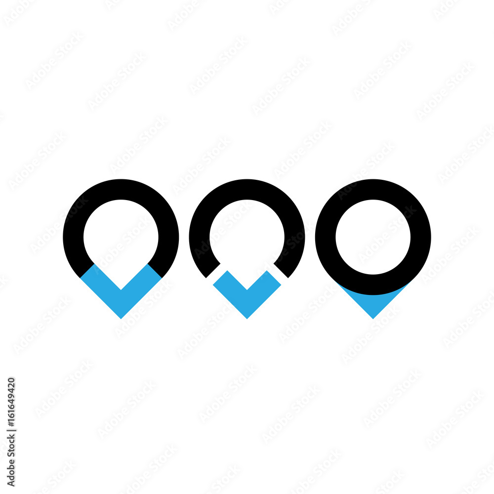 Aufkleber set of three original map pointers - navigation pins. simple flat vector objects in black and blue.