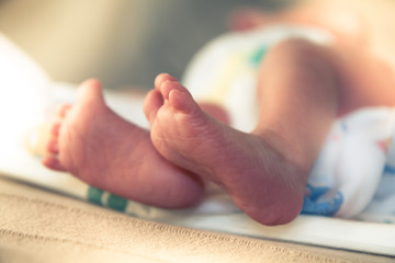 Newborn baby feet in maternity hospital with illuminating sunlight