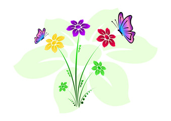 Colored floral background with flowers and butterflies