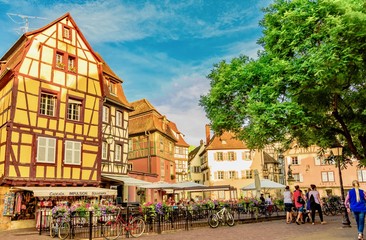 Panorama of the colorful town of France in the Alsace region Colmar