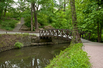 Fototapeta na wymiar Beautiful wooden footbridge across river
