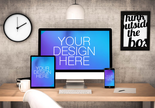 3 Devices on Wooden Table with Motivational Poster Mockup 1