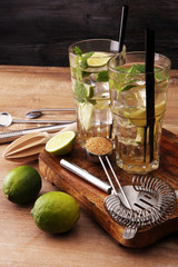 Lemon Fruit Lime Caipirinha of Brazil on wooden board