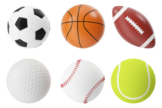 Sports balls 3d illustration set. Basketball, soccer, tennis, football, baseball and golf