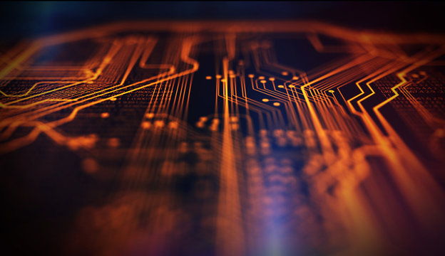 Orange,  blue technology background/Orange and blue technology background circuit board and code