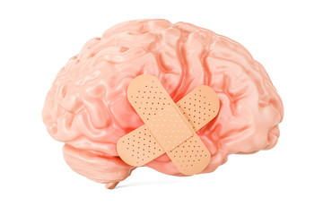 Human brain with adhesive plaster, 3D rendering