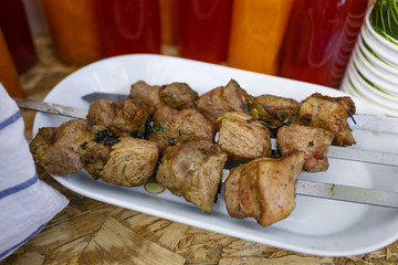 Meatball shish kebab in small pieces on skewers